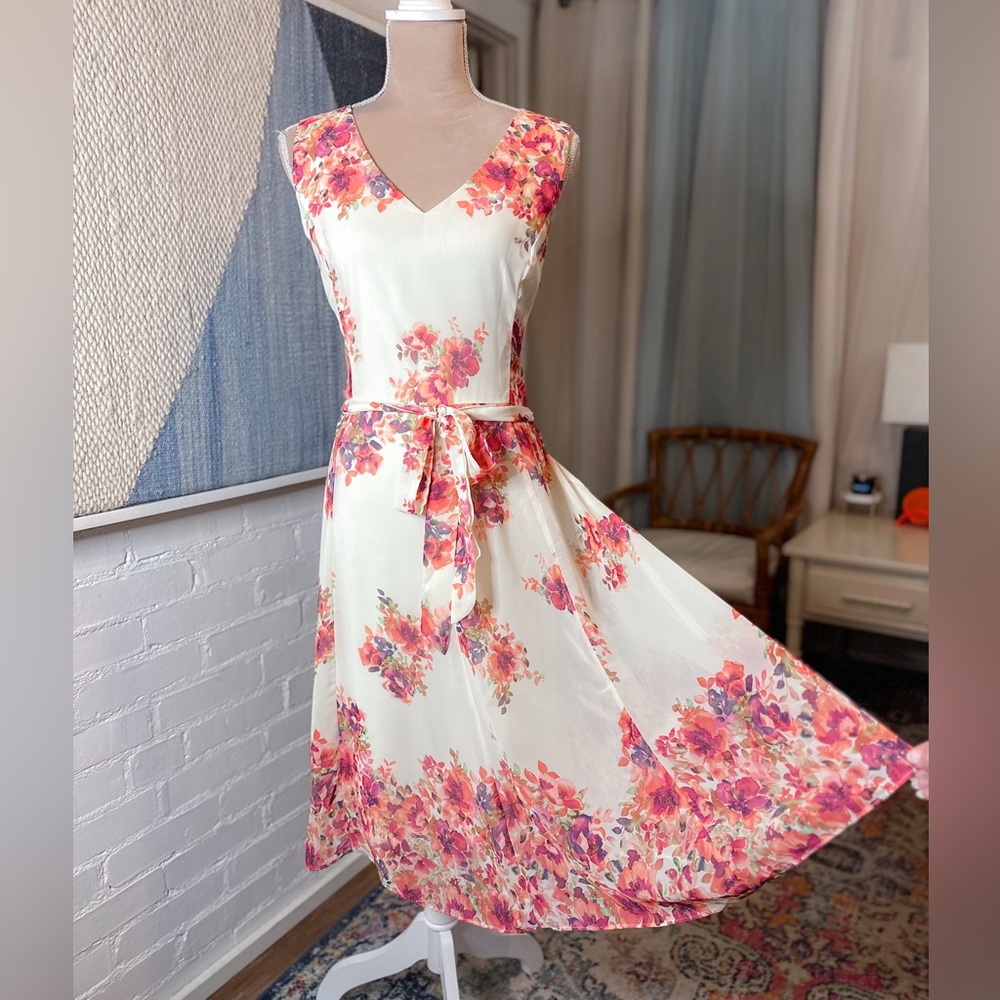 Emma & Michele Cream Midi Dress with Pink & Coral Floral Print